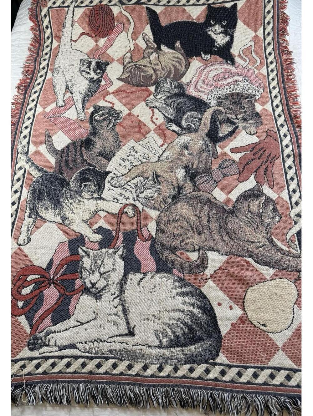 Vintage Cat Tapestry Throw Blanket Fringe Woven Kittens Yarn 68x50 Farmhouse